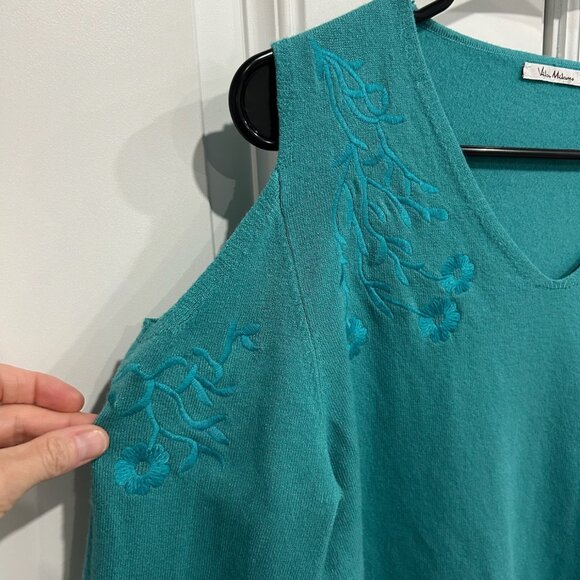 Vila Milano Teal Cold Shoulder Soft Knit Sweater Embroidered Size Small Cozy - Picture 4 of 9